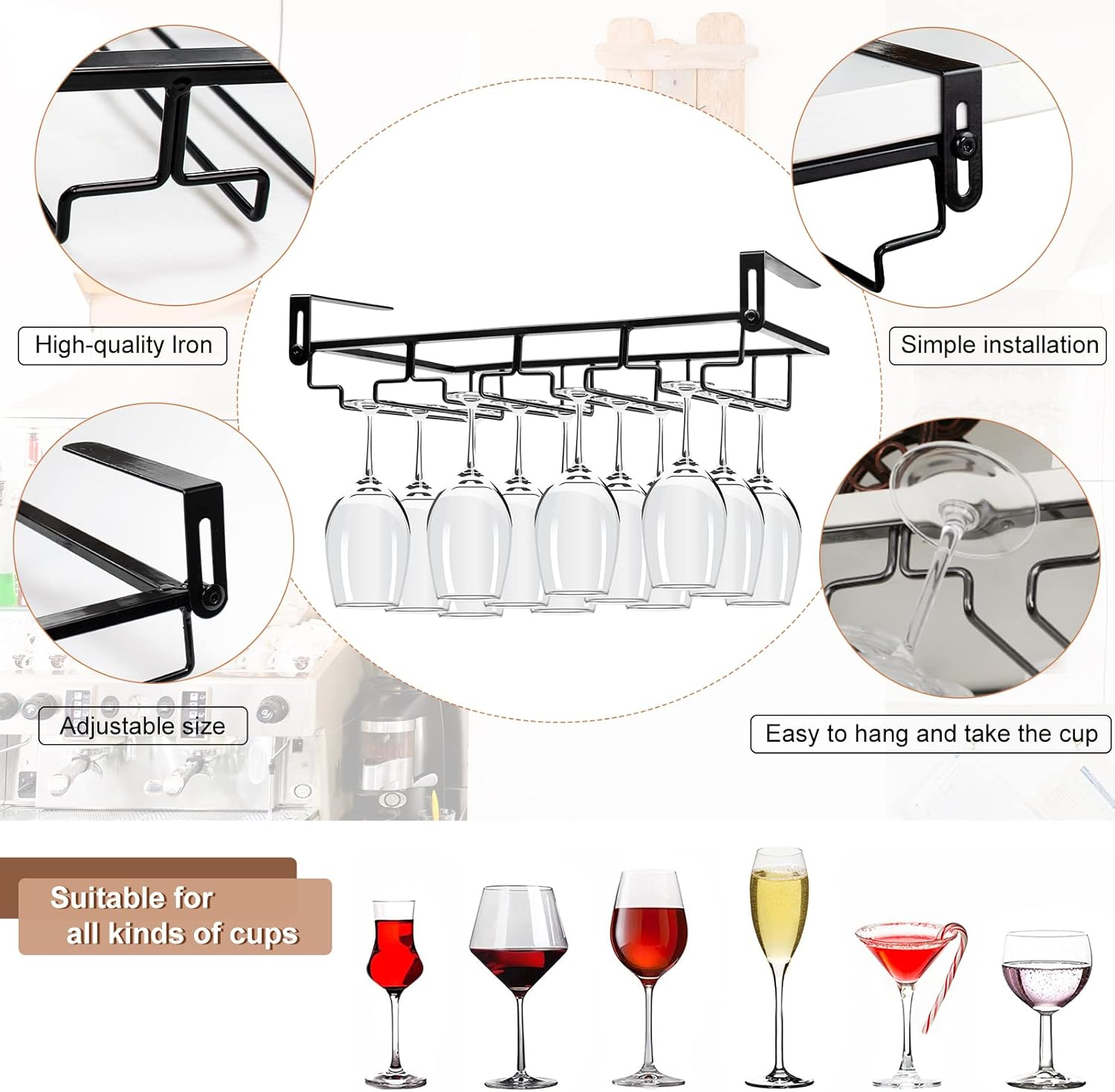 Wine Glass Rack under Cabinet, AUHOKY Heart-Shaped Stemware Holder Metal Wine Glass Organizer Glasses Storage Hanger, Wine Cup Display Stand for Kitchen Bar (Black 4) image number 5