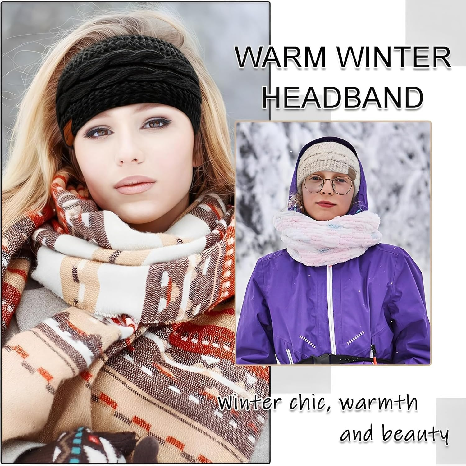 MOAZIFI Women'S Winter Knitted Headbands, Ear Warmers, Elastic Headband, Thickening, Winter Ear Warmers for Outdoor Sports, Shopping, Skiing, Running, Jogging (Black + Beige), 1, 1 St&uuml;ck (2Er Pack) image number 1