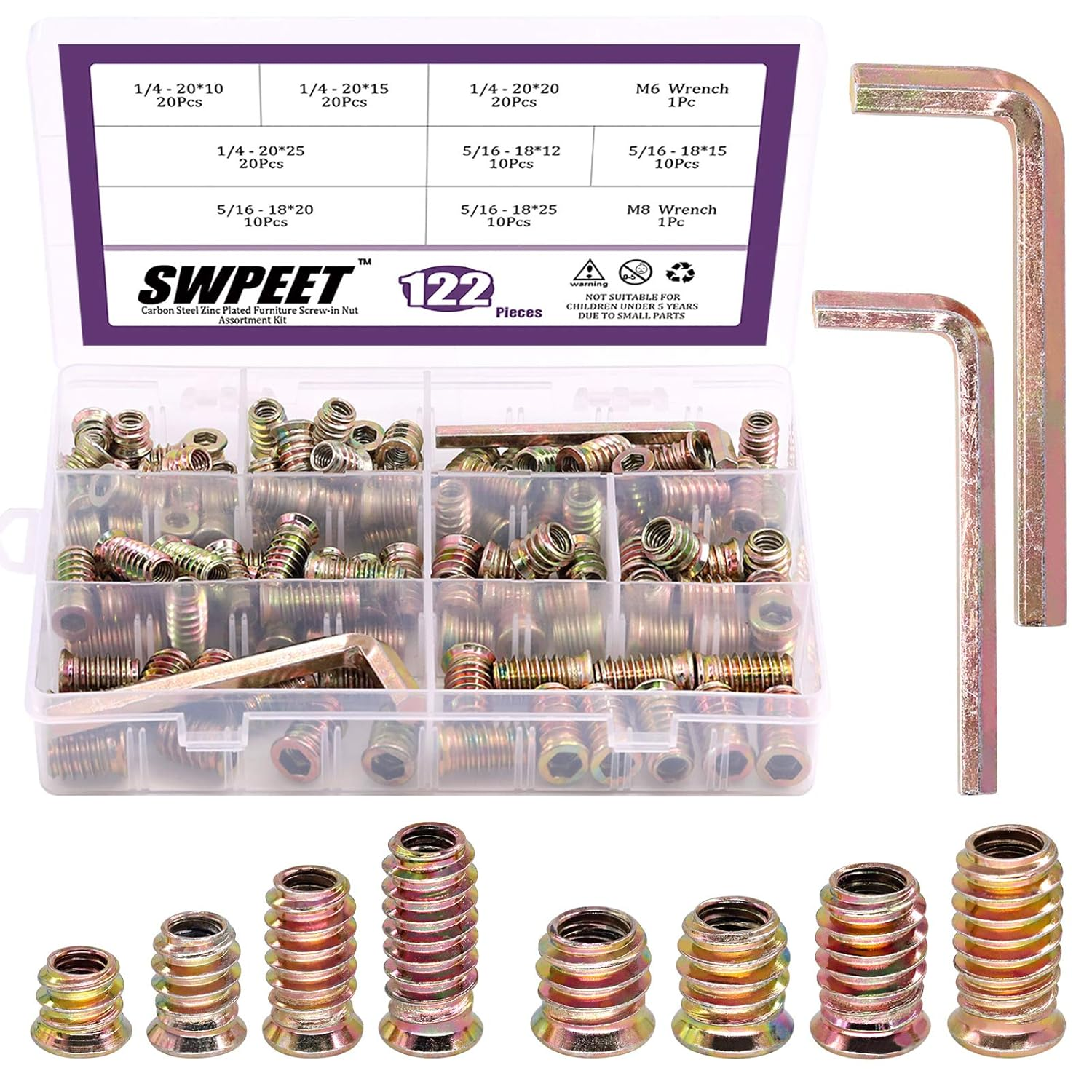 Swpeet 122Pcs Carbon Steel Color Zinc Plated Carbon Furniture Screw in Nut Threaded Wood Inserts Bolt Fastener Connector Hex Socket (1/4 + 5/16, Assortment Kit) image number 4