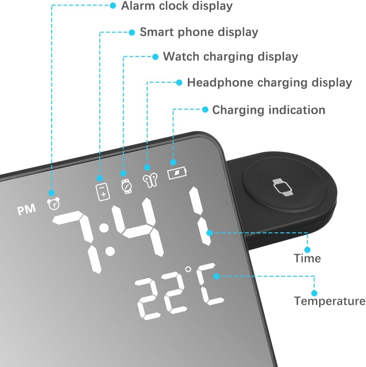 COHEALI Wireless Alarm Clock Thermometer with Led Display for Charging and Temperature Monitoring - Multifunctional Bedside Clock image number 1