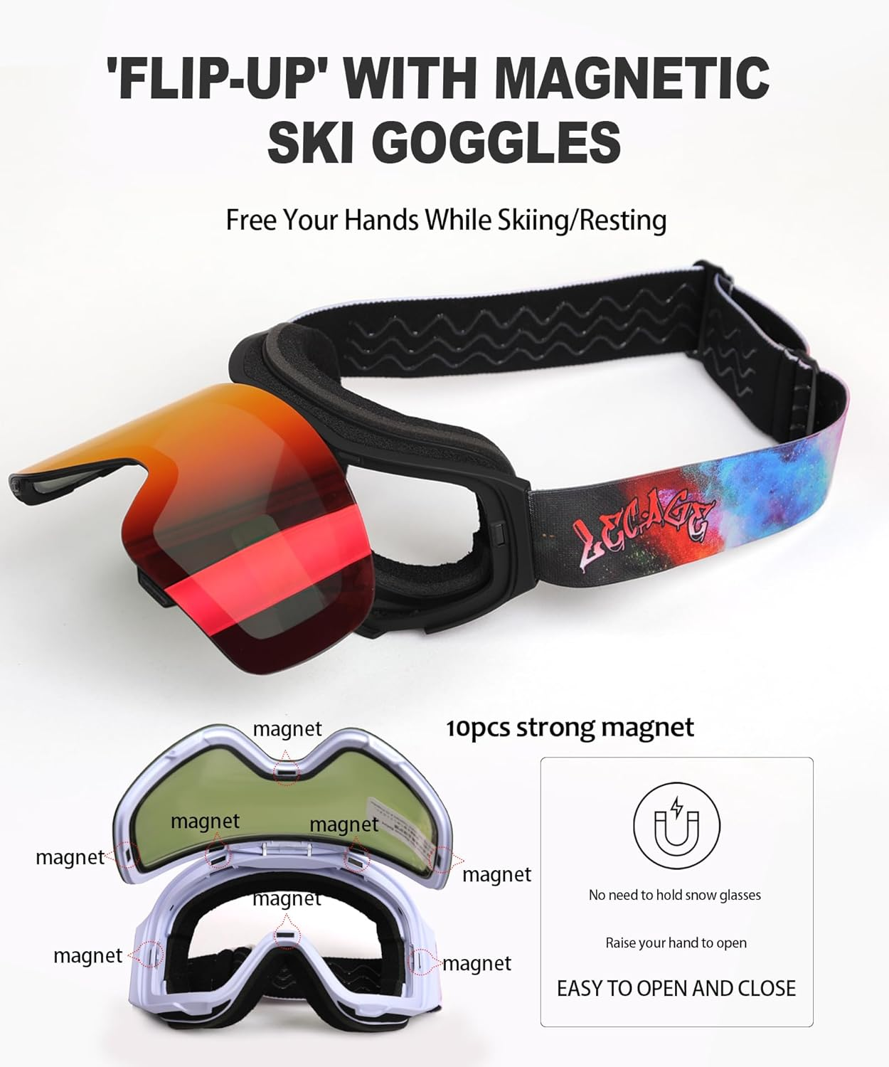 Frameless Flip-Up Ski Goggles, anti Fog Snow Goggles UV400 Protection with Magnetic Interchangeable Lens, UV Protection Snowboarding Goggles for Men Women Youth