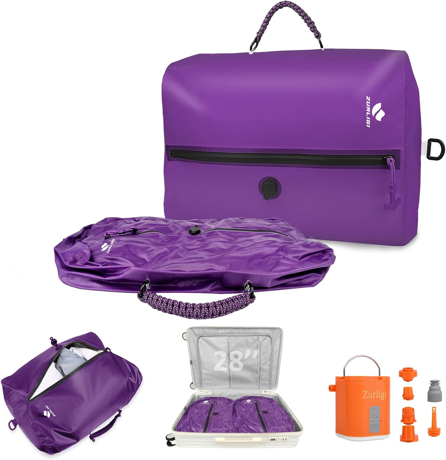 Zurligi Vacuum Bag for Travel with Pump, 40L Vacuum Compression Bag with Removable Handle, IP67 Reusable Vacuum Packing Cubes for Luggage, Backpack, Suitcase, Yoga, Swim, Beach (2PCS Black)