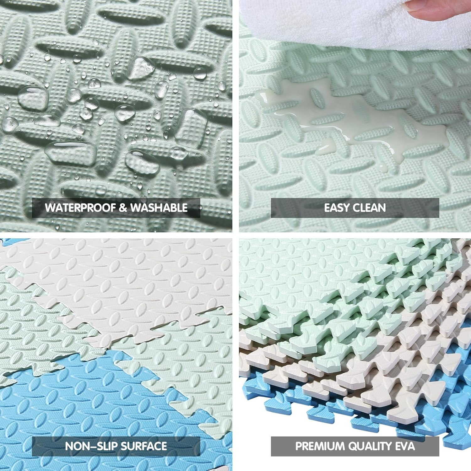 Foam Play Mat for Baby, EVA Soft Non-Toxic Baby Playmat, Interlocking Floor Mats, Solid Colored Foam Puzzled Floor Mats, Baby Play Mat Exercise Mats, 16 Tiles(White/Green/Light Blue) image number 2