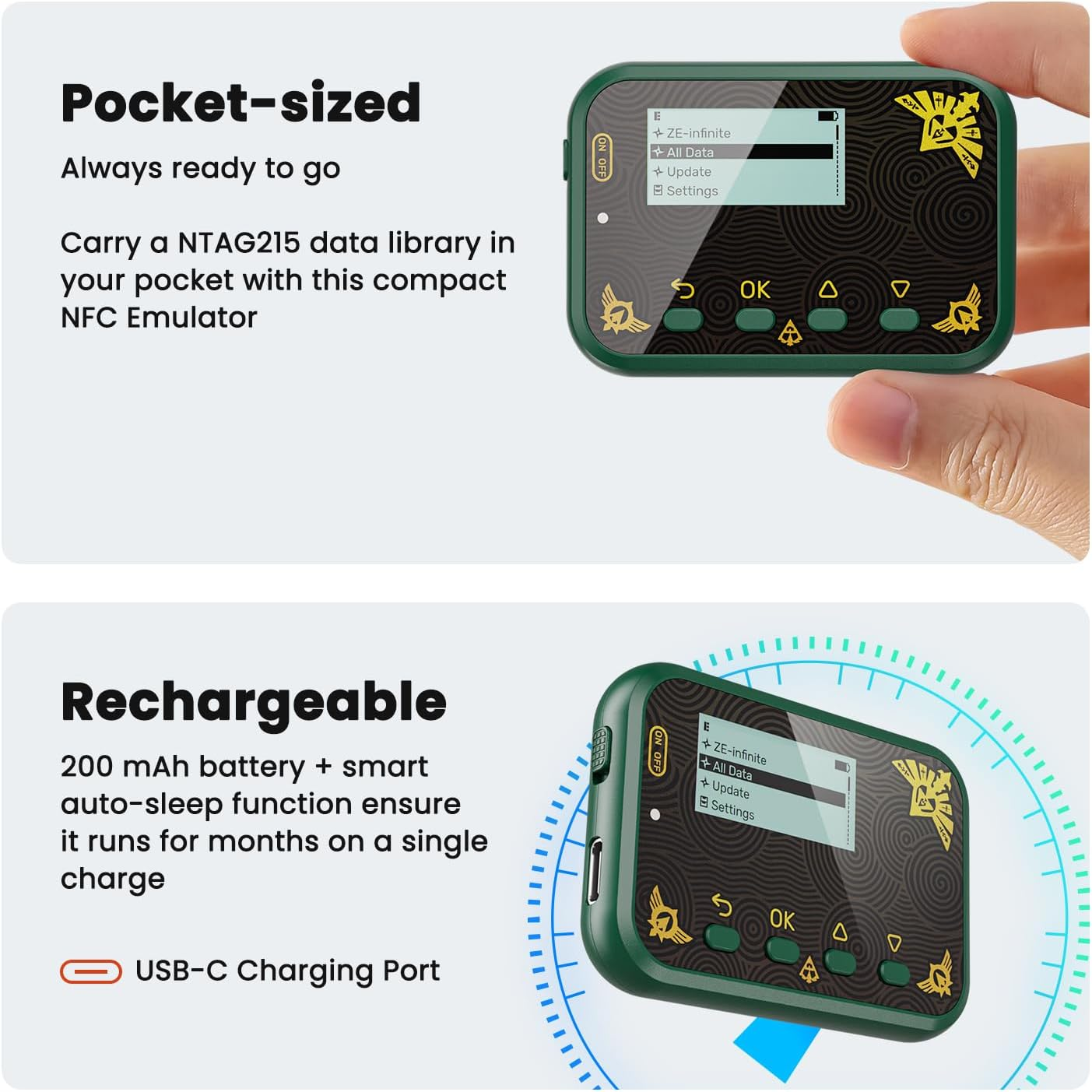 Joysfusion NFC Emulator, Store 3000 NFC Data, Support Ulimited Scan, 1.2" Screen, Easy Button Controls, Rechargeable for Endless Play, Compatible with 50+ Games (Green) image number 3