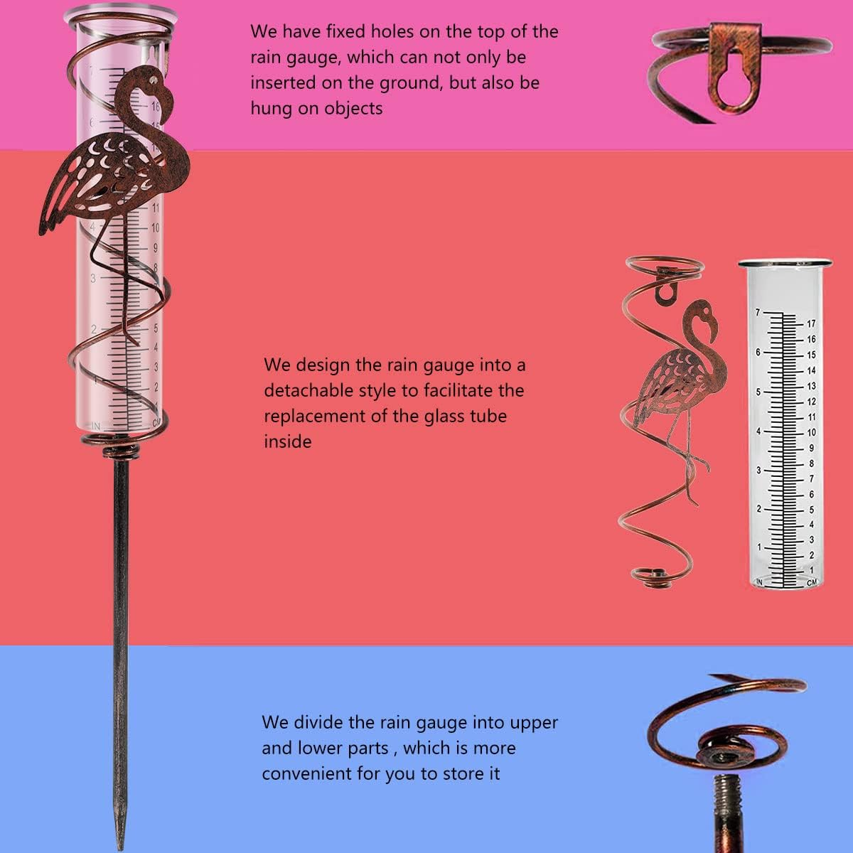 Rain Gauge for Garden - 7Inch Capacity Metal Spiral Rain Gauge with Bird Ornament Outdoor Water Gauge Rain Falling Measuring Instrument for Patio Lawn Backyard Decoration (Flamingo) image number 2