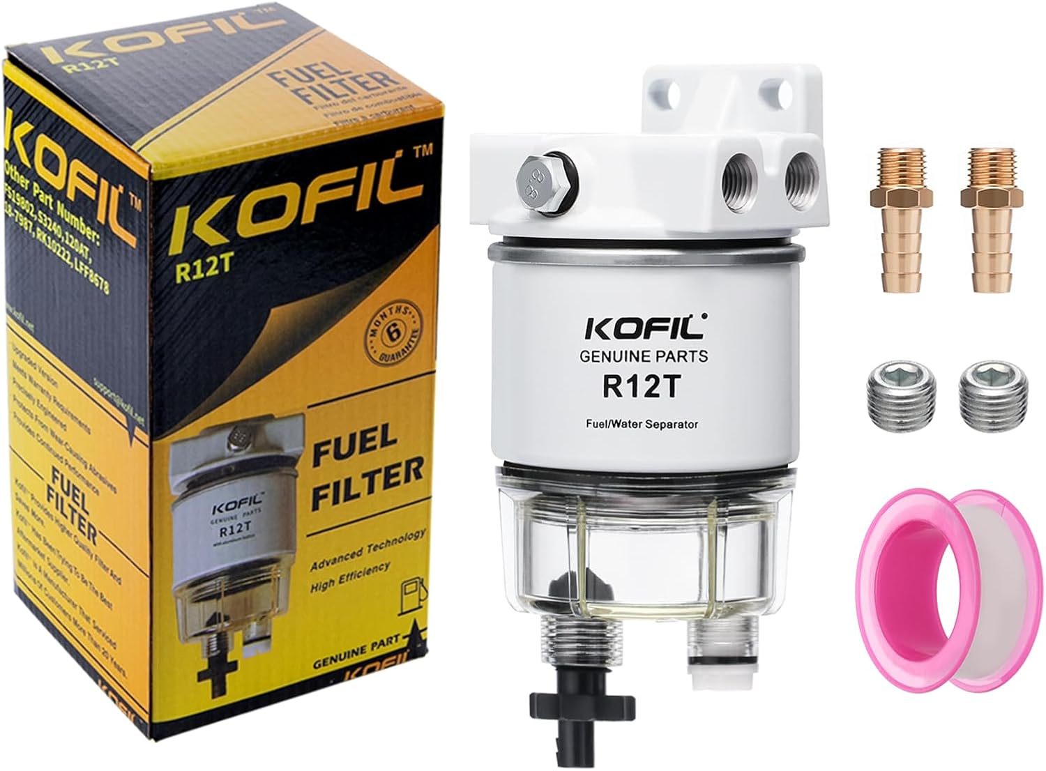 R12T Fuel Water Separator Marine Fuel Filter/Water Separator Assembly, for Outboard Motor Marine Engine, Replaces# S3240 120AT with 2 3/8" Barb &times; 1/4" NPT Male Fittings 2 Plugs,10 Micron