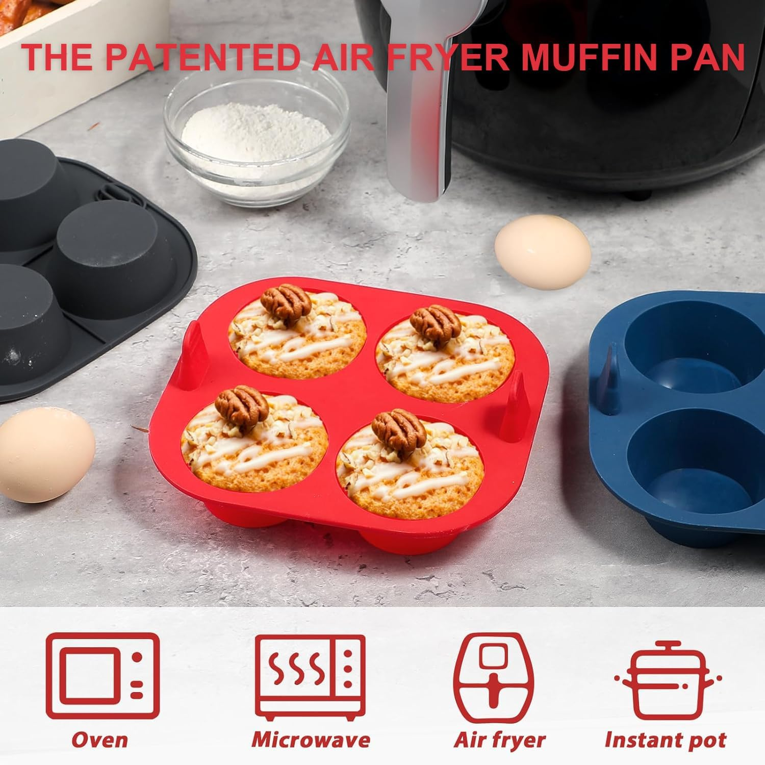 Webake 3PCS Silicone Air Fryer Muffin Pan for Baking 4 Cavity Air Fryer Cupcake Pans Non Stick Food Grade and BPA Free Muffin Tins Baking Cups image number 1