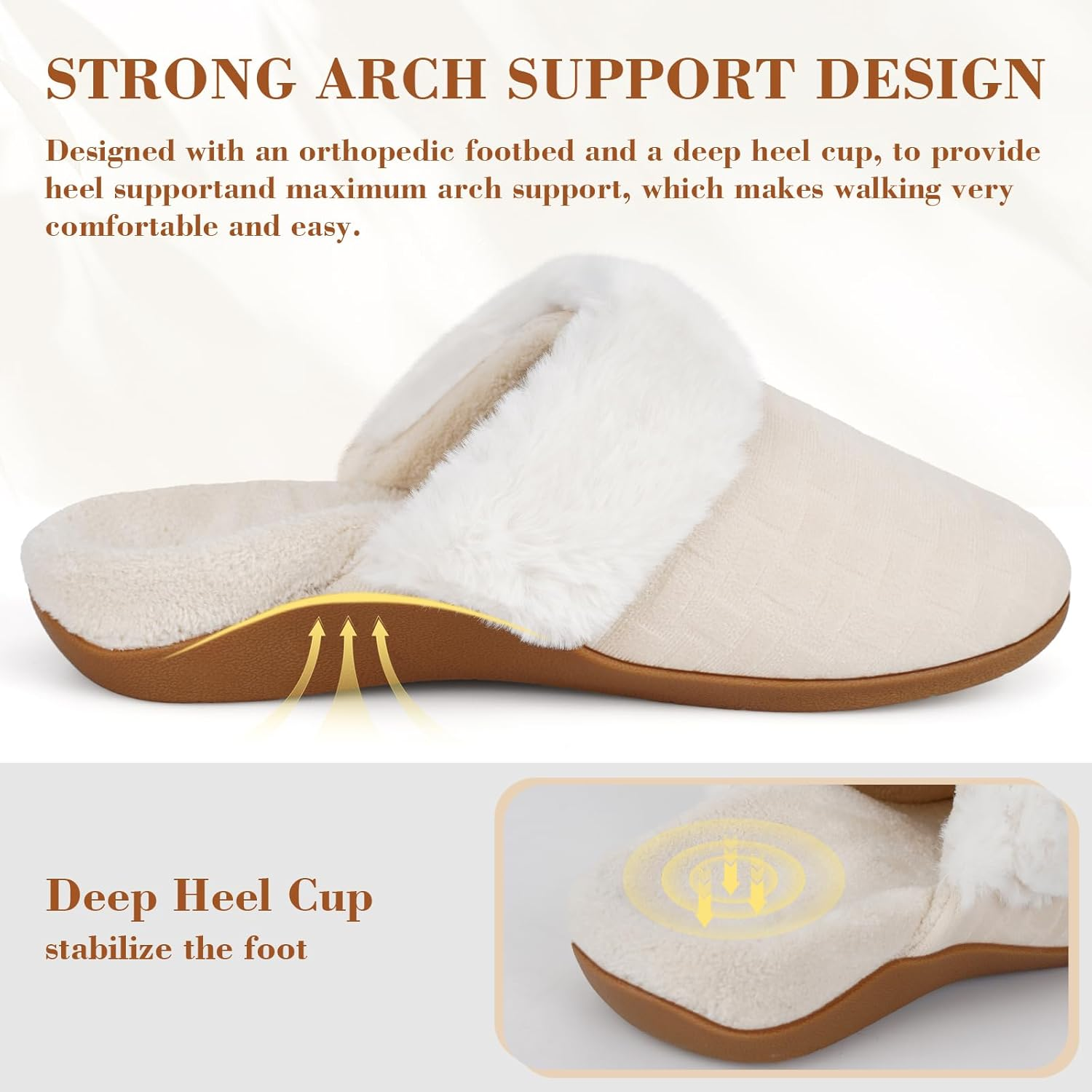 Ergofoot Orthopedic Slippers for Women, Fuzzy Slipper with Arch Support Bedroom Shoes for Plantar Fasciitis, Slip on Scuffs with Indoor Outdoor Anti-Skid Rubber Sole