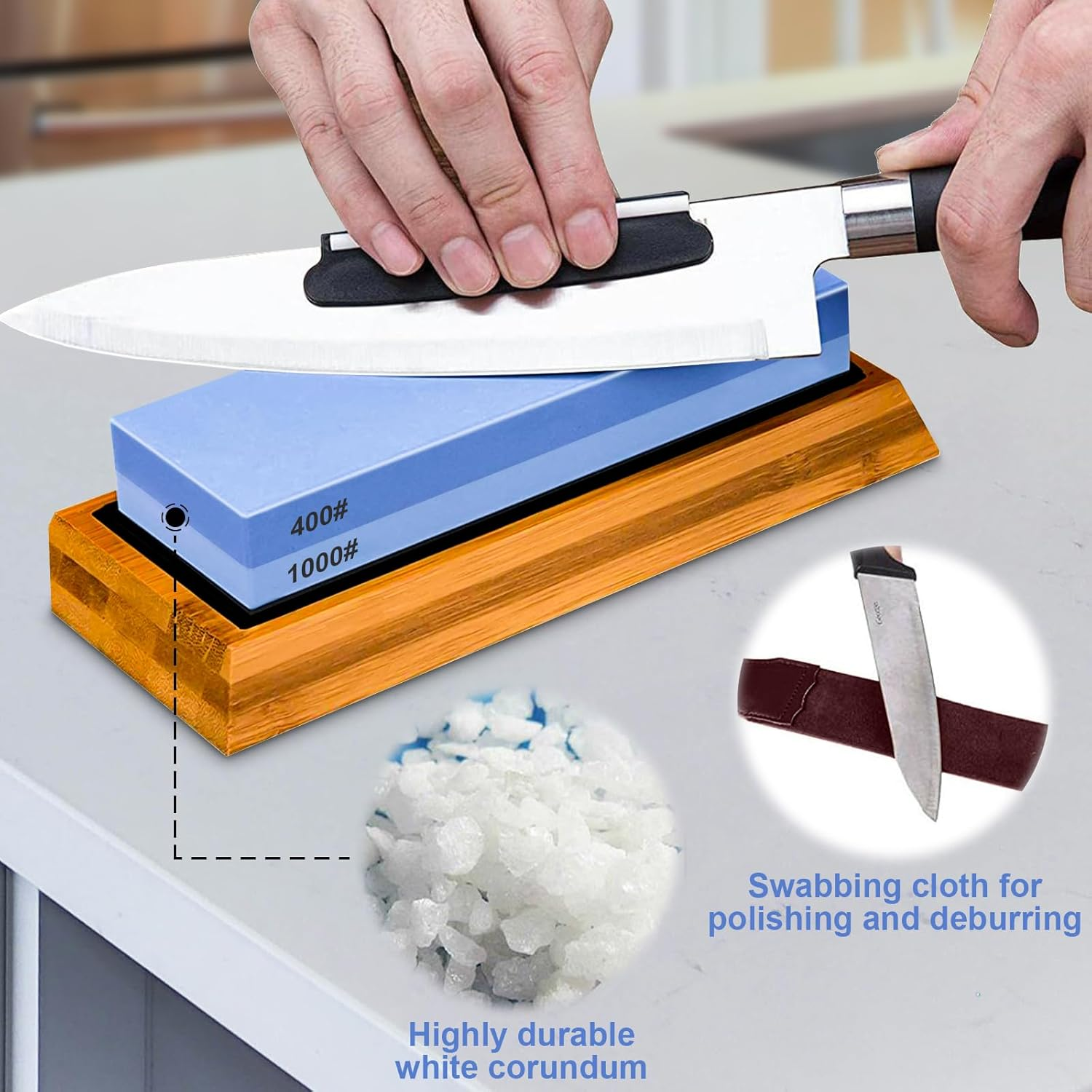 TFMODBFA Knife Sharpening Stone Set - 2 Side Grit 400/1000 3000/8000 Kitchen Knife Sharpener Stone, Professional Kitchen Sharpener Stone Includes Non-Slip Rubber Bases, Flattening Stone image number 2