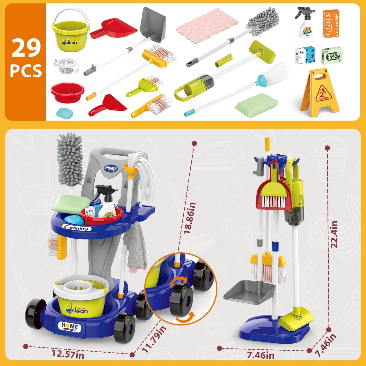 Kids Cleaning Set 29 Piece - Toys Cleaning Carts Includes Real Working Vacuum Cleaner, Broom, Mop,Spray Bottle,Educational Toddler Pretend Play Toy Gift for Boys Girls Ages 3+ (Blue) image number 5
