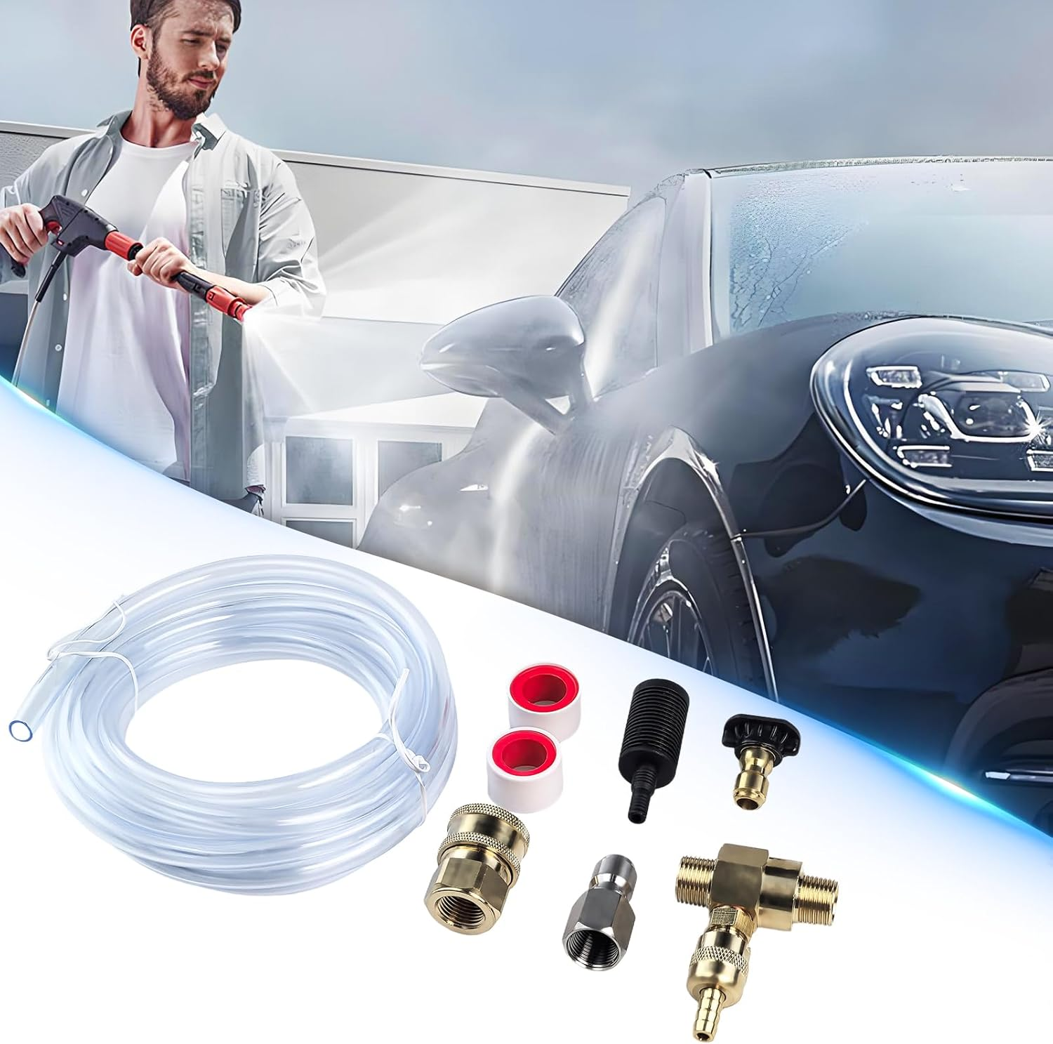 Pressure Washer Injector, Power Washer Chemical Injector Kit Adjustable 4000 PSI 3/8 Inch Connectors Soap Downstream Injector with 10 Ft Siphon Hose