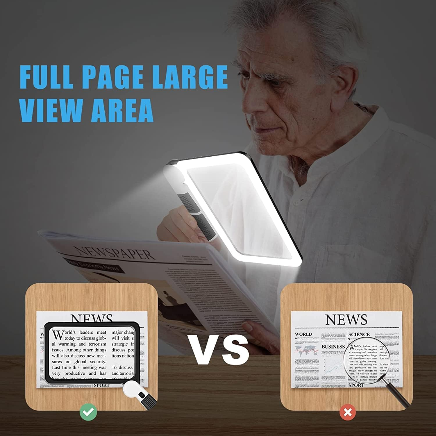 5X Magnifying Glass for Reading, 7.3 * 4.4" Full-Page ，Large Folding Lighted Magnifier with 48 LED Lights (3Modes), Rectangular Handhold Magnify Lens Gifts for Seniors Reading Books, Prints -Black