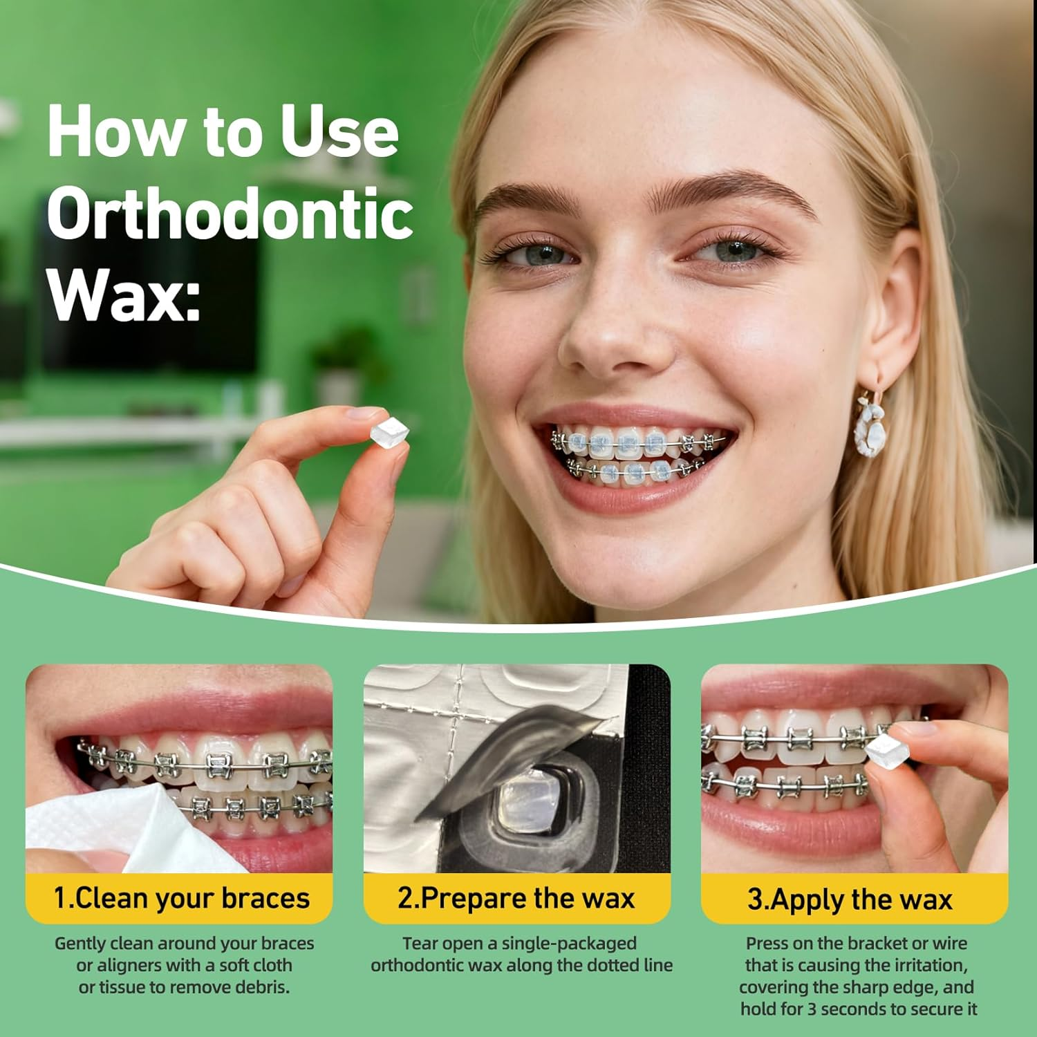 Orthodontic Clear Wax for Braces-120 Count Long-Lasting Dental Wax Dots with Strong Adhesion,Individually Wrapped for Portable Oral Care,Mint(Pack of 6) image number 4