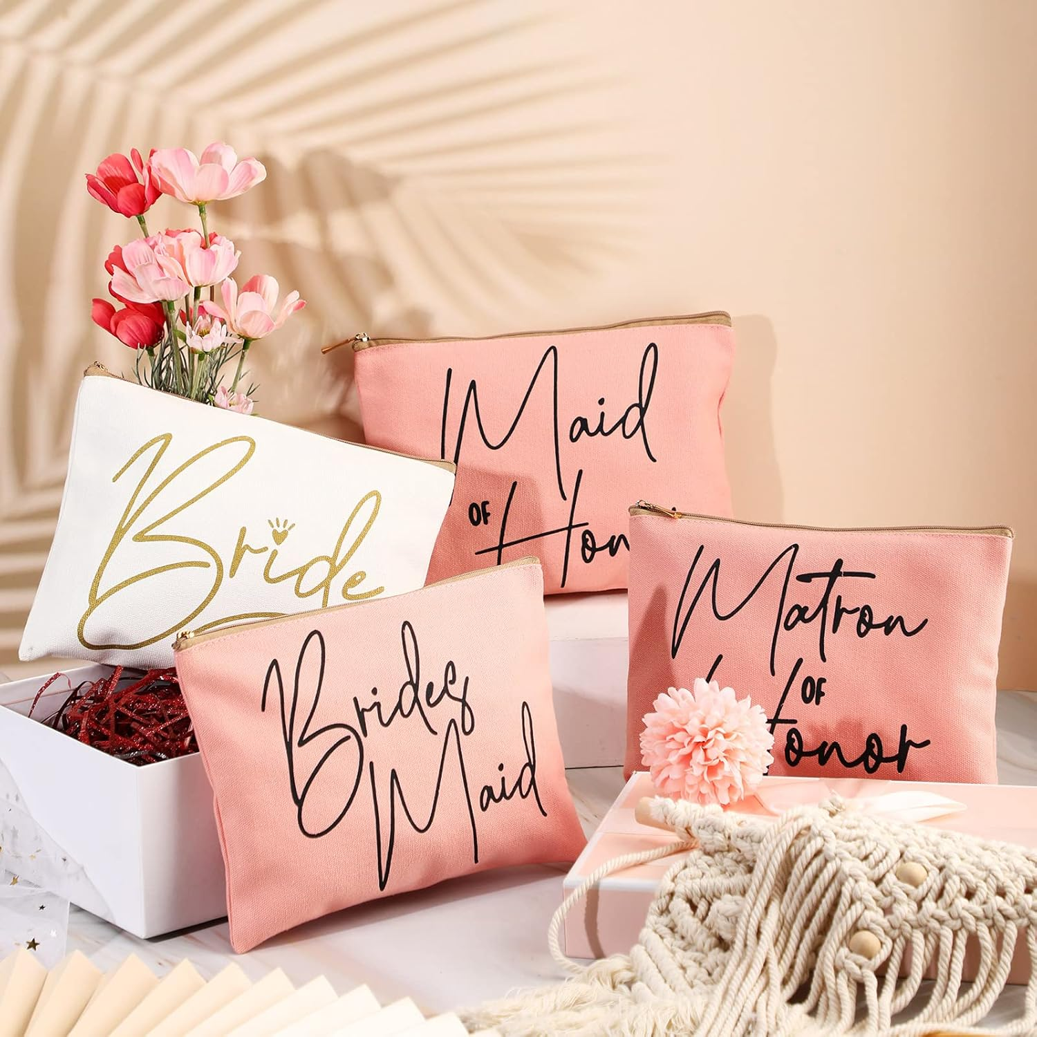 8 Pieces Bridesmaids Makeup Bag Wedding Bridal Makeup Bag Cosmetic Canvas Bag Matron of Honor Bag Wedding Print Cosmetic Bag for Women Brides Bridesmaids Wedding Parties, Lovely Pattern, Cosmetic Bag image number 4