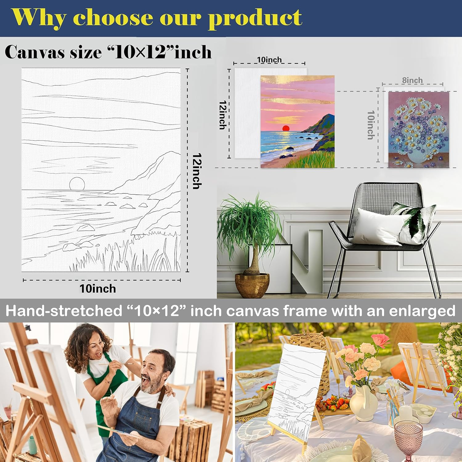 QUANWAISJ 12-Pack 10''X12''Sip and Paint Kit for Adults, Girls' Night Pre-Drawn Canvas,Painting Kits for Adults, Party Supplies, DIY Craft (Golden Beach) image number 4