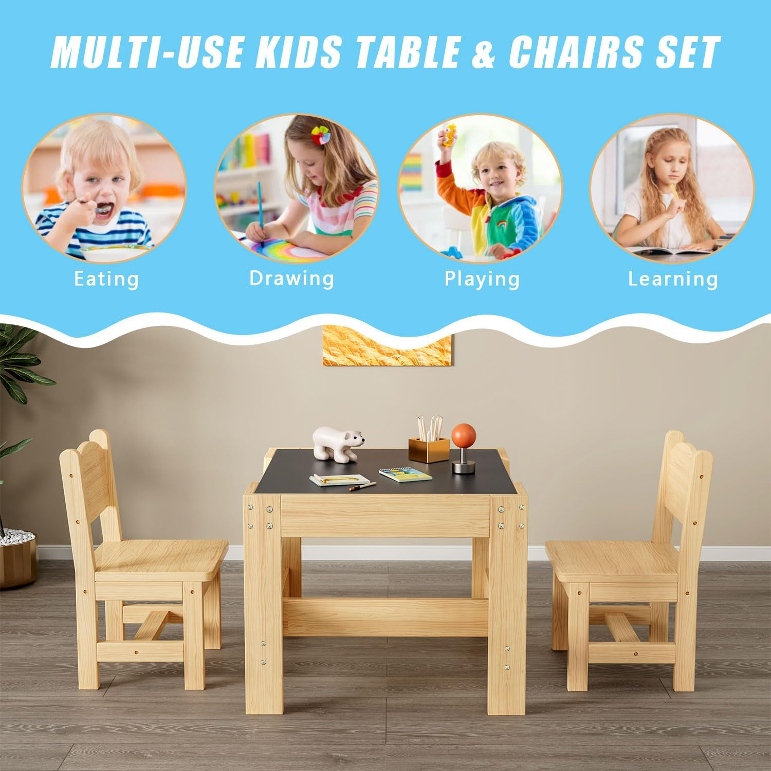 Solid Wood Toddler Table and Chair Set, 60X60Cm, Kids Wooden Table and 2 Chair Set, 3 in 1 Kids Activity Table Set with Storage Drawer for Toddler Reading, Drawing, Playrooms (Natural) image number 3