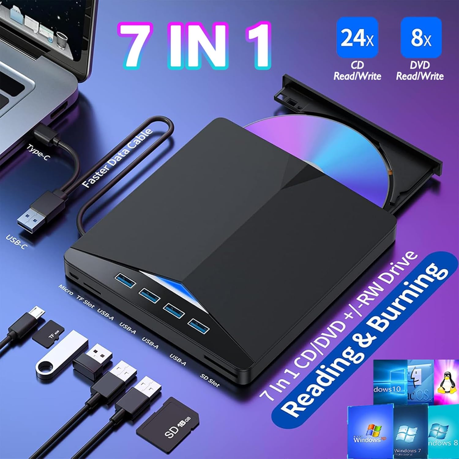 Versatile External Optical CD/DVD Drive - USB 3.0 and Type-C Interface, 7 in 1 for Desktop, Laptop, Mac, PC, Windows, Linux - ROM +/-RW Adapter with USB Port image number 5