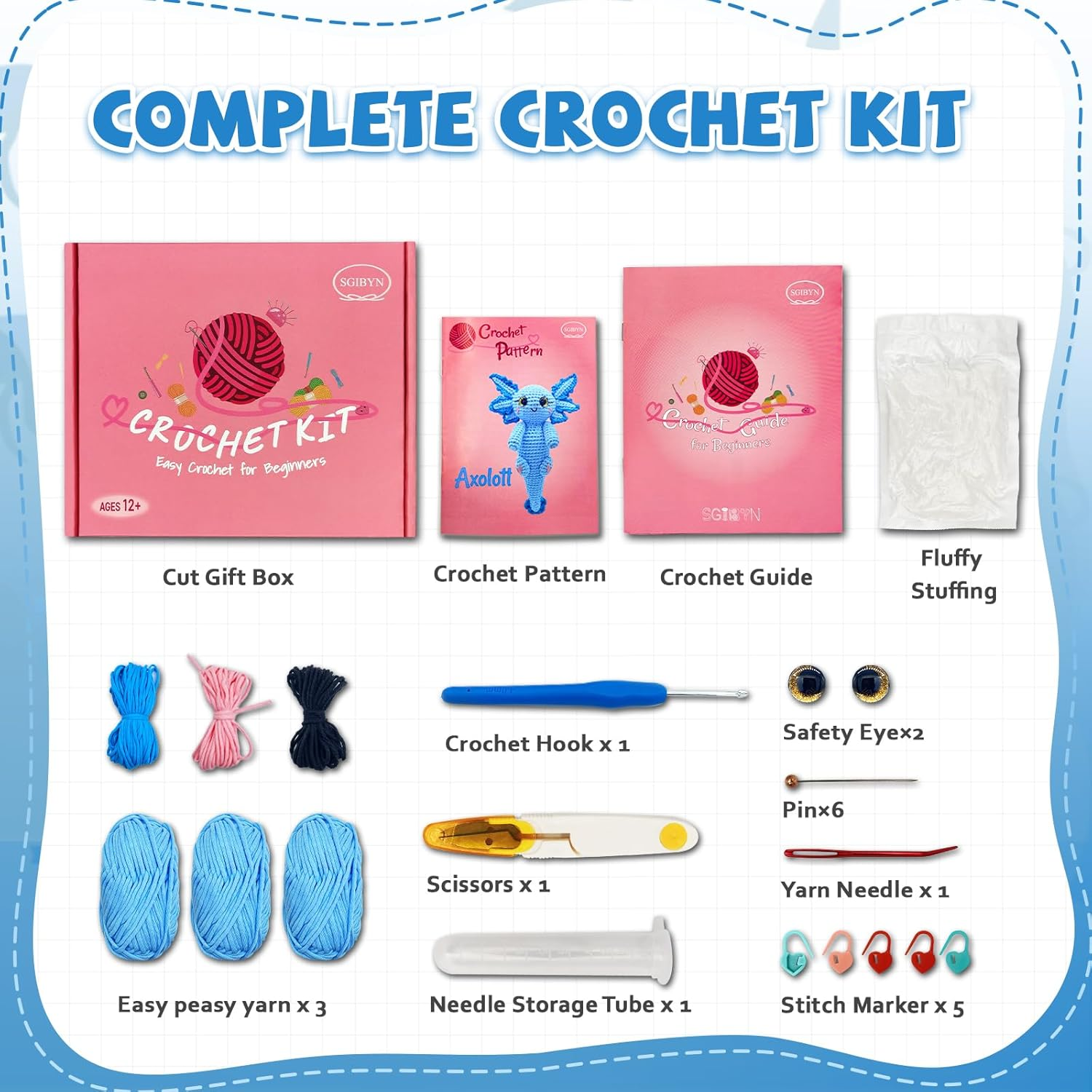 SGIBYN Crochet Kit for Beginners, 11.8 Inch Large Axolotl Amigurumi Crochet Kit with Step-By-Step Video Tutorials, Animal DIY Knitting Craft Kit for Women, Teens & Adults image number 6