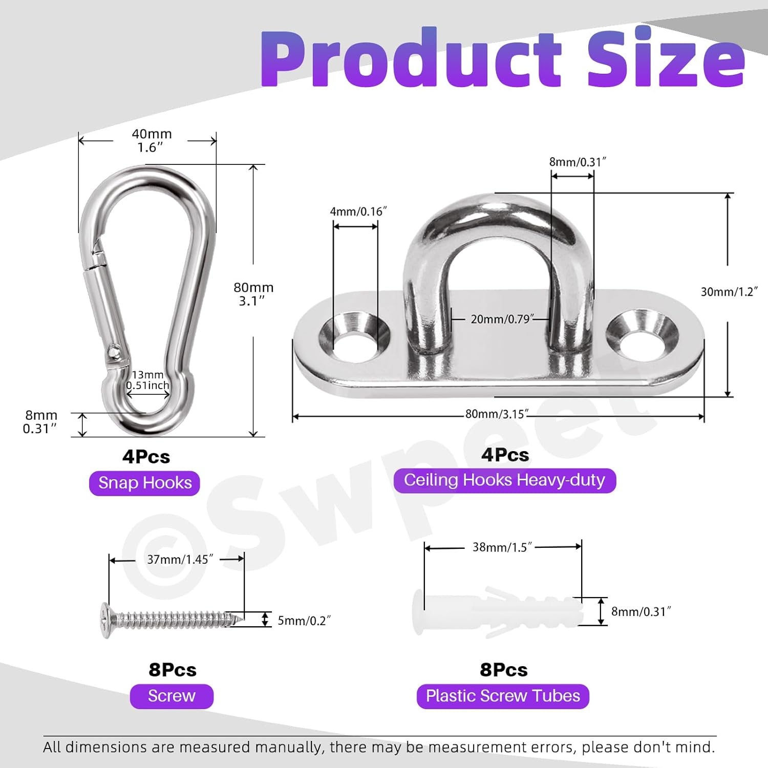 Swpeet 24 Pcs M8 Premium Heavy Duty Oval Stainless Steel Screw Hooks Kit with Pad Eye Hooks, Snap Hooks, Screws with Plastic Expansion Tube, Ceiling Hooks for Outdoor Indoor Activity