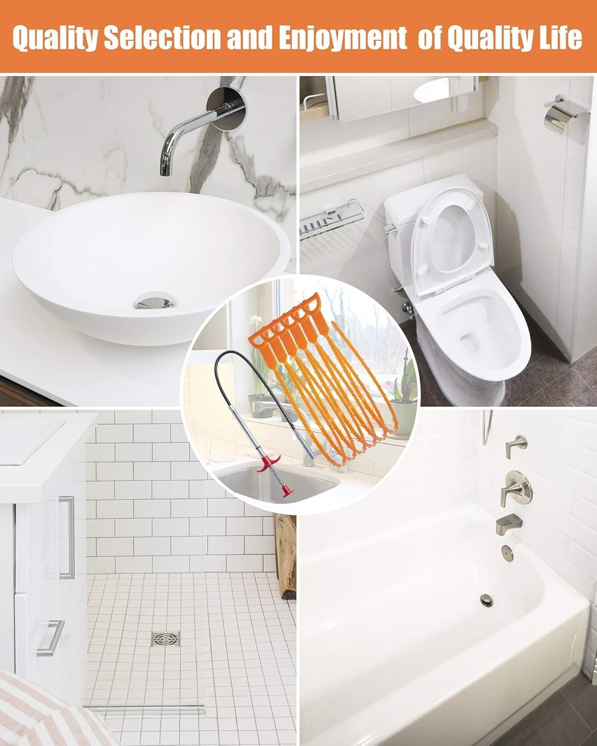 Professional Drain Clog Remover Kit (3+1) - 90CM Stainless Steel Claw & 3X51Cm Plastic Sink Uncloggers | Multi-Surface Hair Clog Tool for Bathroom, Kitchen, Tub & Toilet (Orange) image number 6