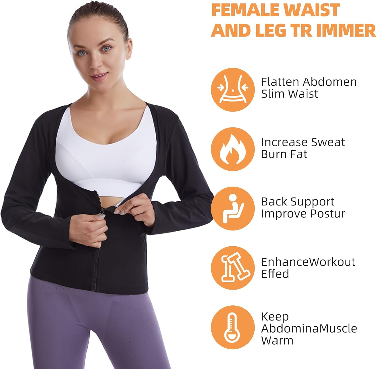 Sauna Suit for Women Sports Sweat-Wicking Fitness Sauna Suit Long Sleeve Zipper Jacket Workout Top for Weight Loss image number 4