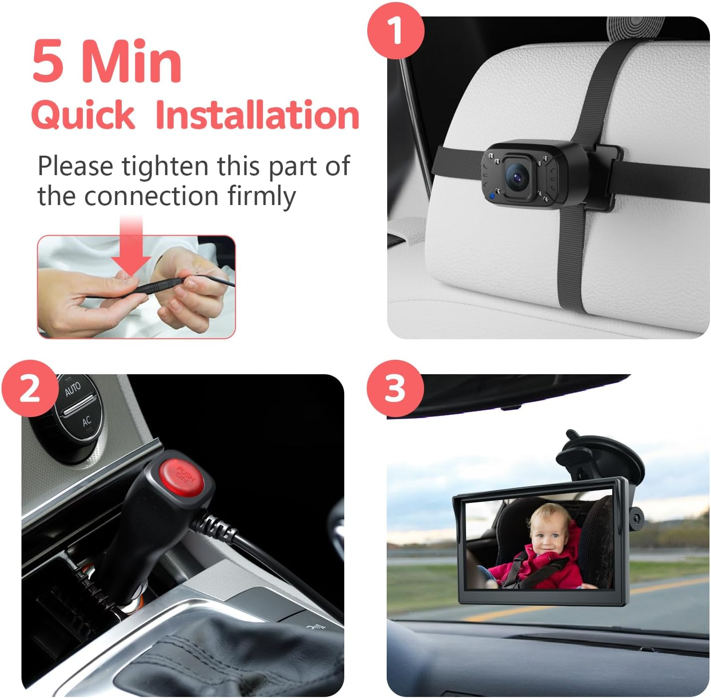 Itomoro Baby Car Camera, Dual Channel 5 Inch Display with 2 IR Night Vision Camera, Easily Install Baby Car Mirror 1080P Clear Car Baby Camera for Rear Facing Seat Backseat ACZ403 image number 4