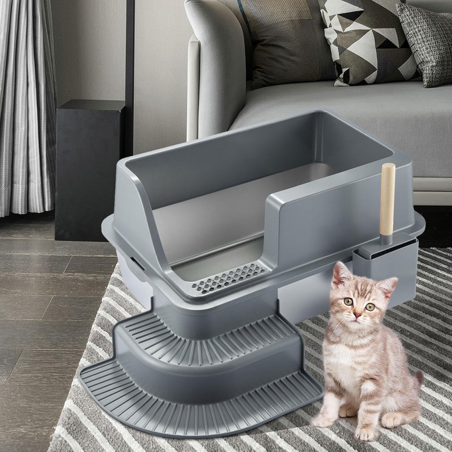 STARTIST Stainless Steel Cat Litter Box Cat Litter Tray with Step for Big Cats Easy to Clean Cats Litter Basin Lowered Front Cat Toilet image number 6