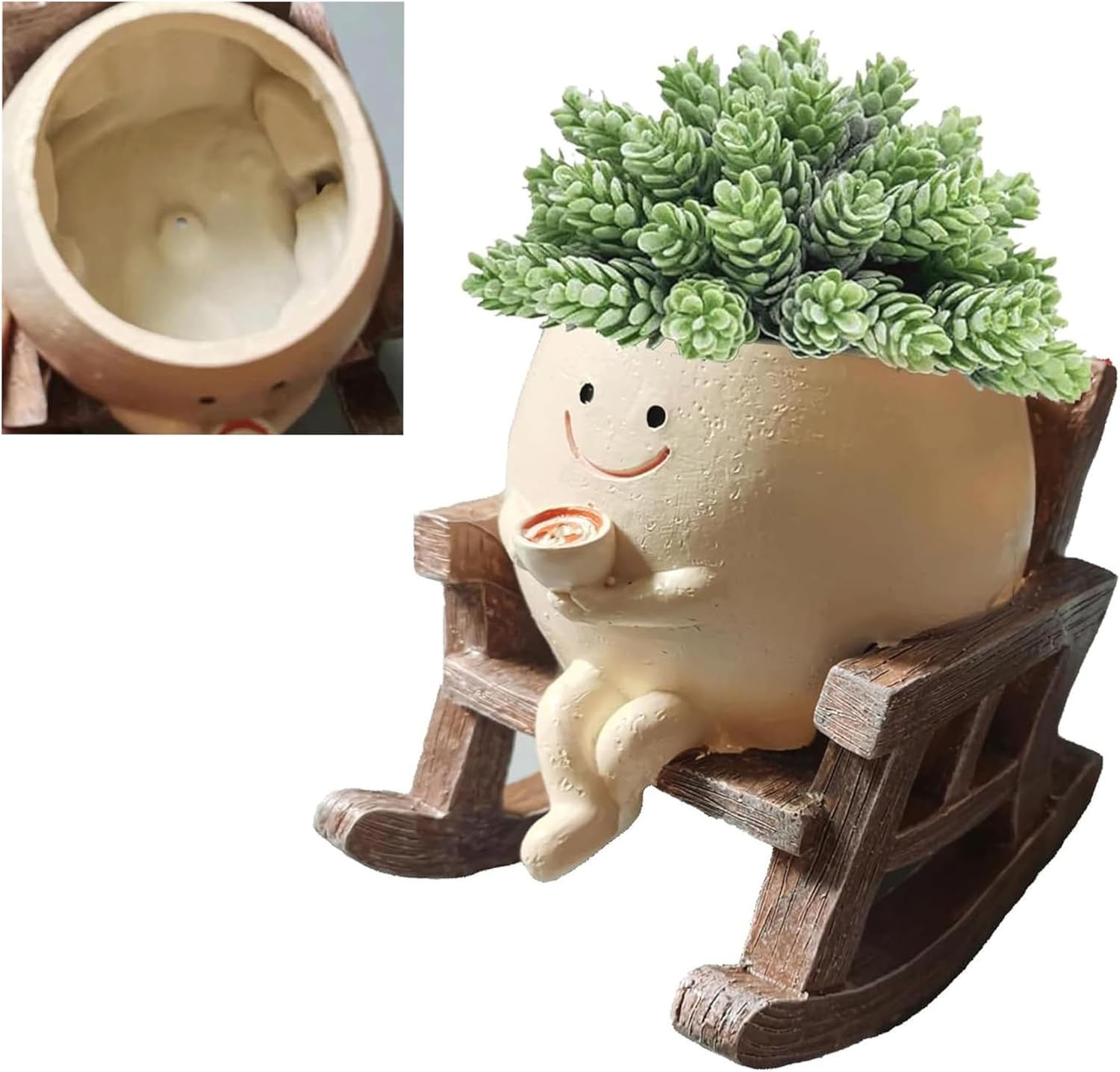 Swinging Smiley Face Plant Pot,Cute Coffee Plant Pots for Indoor Outdoor,Cute Head Resin Rocking Chair Plant Pots,Rocking Chair Succulent Flower Pots with Drainage Hole, Gift Ideai for Birthday image number 2
