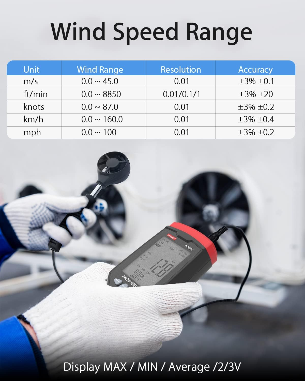 Wintact Digital Anemometer CFM/CMM, Weather Station Wind Speed Meter Gauge Measuring Air Velocity, Wind Volume, Wind Direction, Ambient Temperature, Humidity with Data Logger for HVAC Duct, Outdoor image number 4