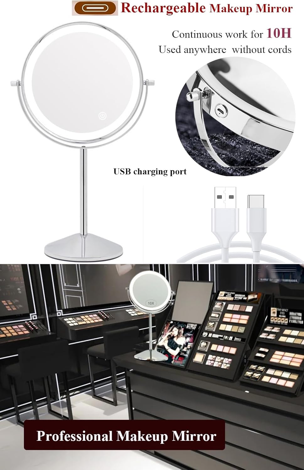 Vanity Mirror with Lights for Makeup Desk 1X/10X Double Side Magnifying Mirror,8" Lighted Travel Mirror for Shaving (Luxury Gold, 5X Magnification) image number 2