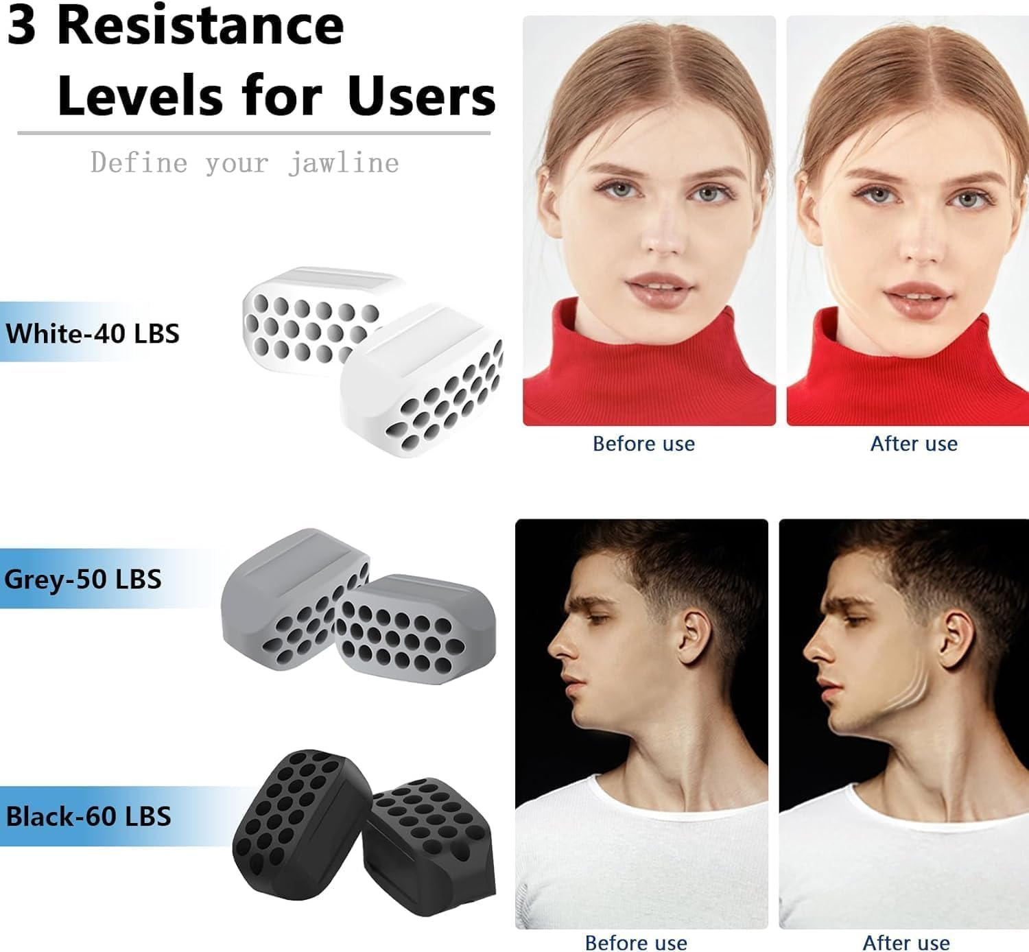 MOLANLY Jawline Exerciser 3 Resistance Levels (6 Pcs) BPA Free Silicone Jaw Trainer Jaw Exerciser & Jaw Exerciser Shaper for Beginner, Intermediate & Advanced Users image number 5