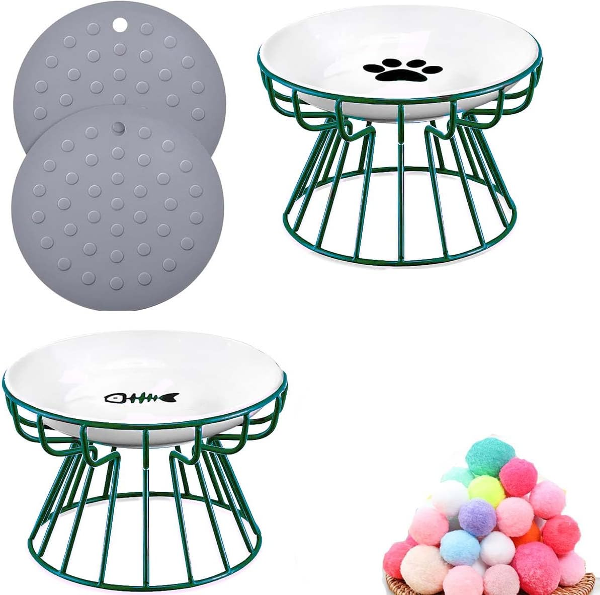 2-Piece Cat Bowls Black Raised Pet Bowl Prevent Neck Pain Feeding Wide Cat Bowl anti Vomiting Cat Feeding Plates with Non-Slip Mat (Green)