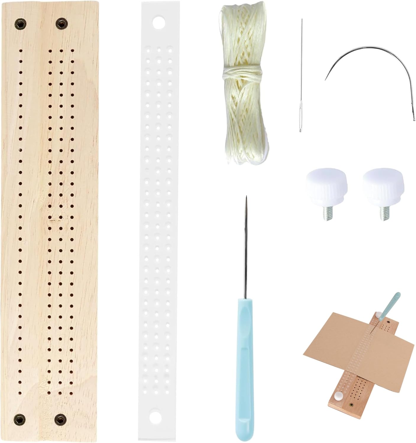 Bookbinding Tools Set,Wooden Signature Punching Tools,Bookbinding Punch Guide Set,With Straight Curved Needle, Waxed Thread, Awl, Bookbinding Cradle Tools for Starter Scrapbooking Kits DIY Crafts image number 6