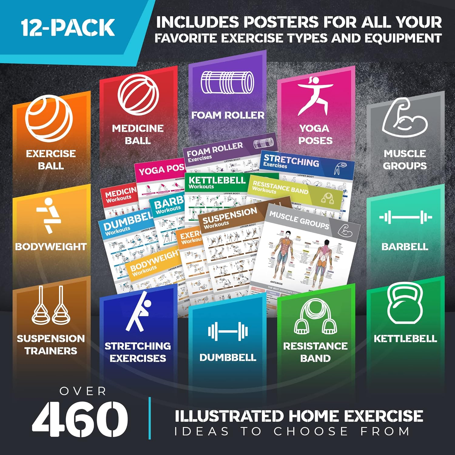 [12-PACK] Laminated Large Workout Poster Set - Perfect Workout Posters for Home Gym - Exercise Charts Incl. Dumbbell, Yoga Poses, Resistance Band, Kettlebell, Stretching & More Fitness Gym Posters image number 1