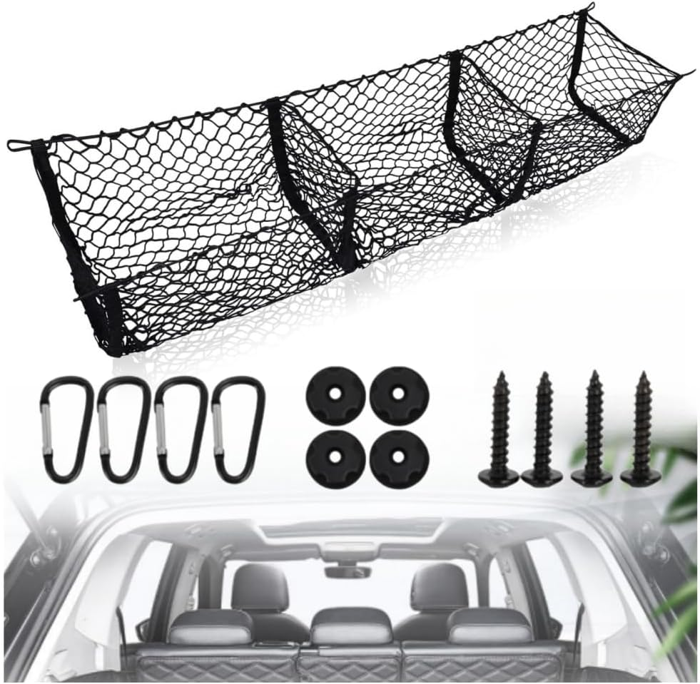 Ai-Oumleef Automotive Cargo Net,Detachable Cargo Net Trunk Bed Organizer, Cargo Net Trunk Bed Organizer with 4 Carabiners Accessories,Mesh Storage Net Heavy Duty Cargo Net with 3 Pocket(90*30*30Cm)