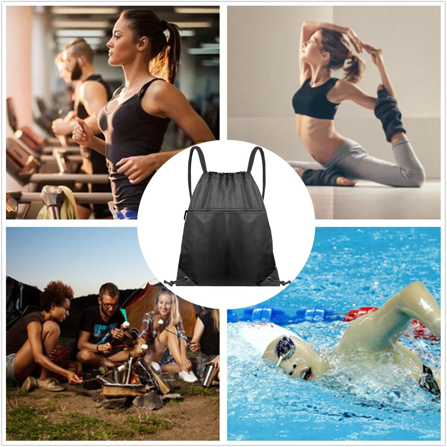 Drawstring Backpack Bag, Waterproof Gym Drawstring Bags, Draw String Back Pack with Pockets, Cinch Bags Drawstring with Zipper, Travel Beach Bag for Men Women Gym Sports (Black) image number 2