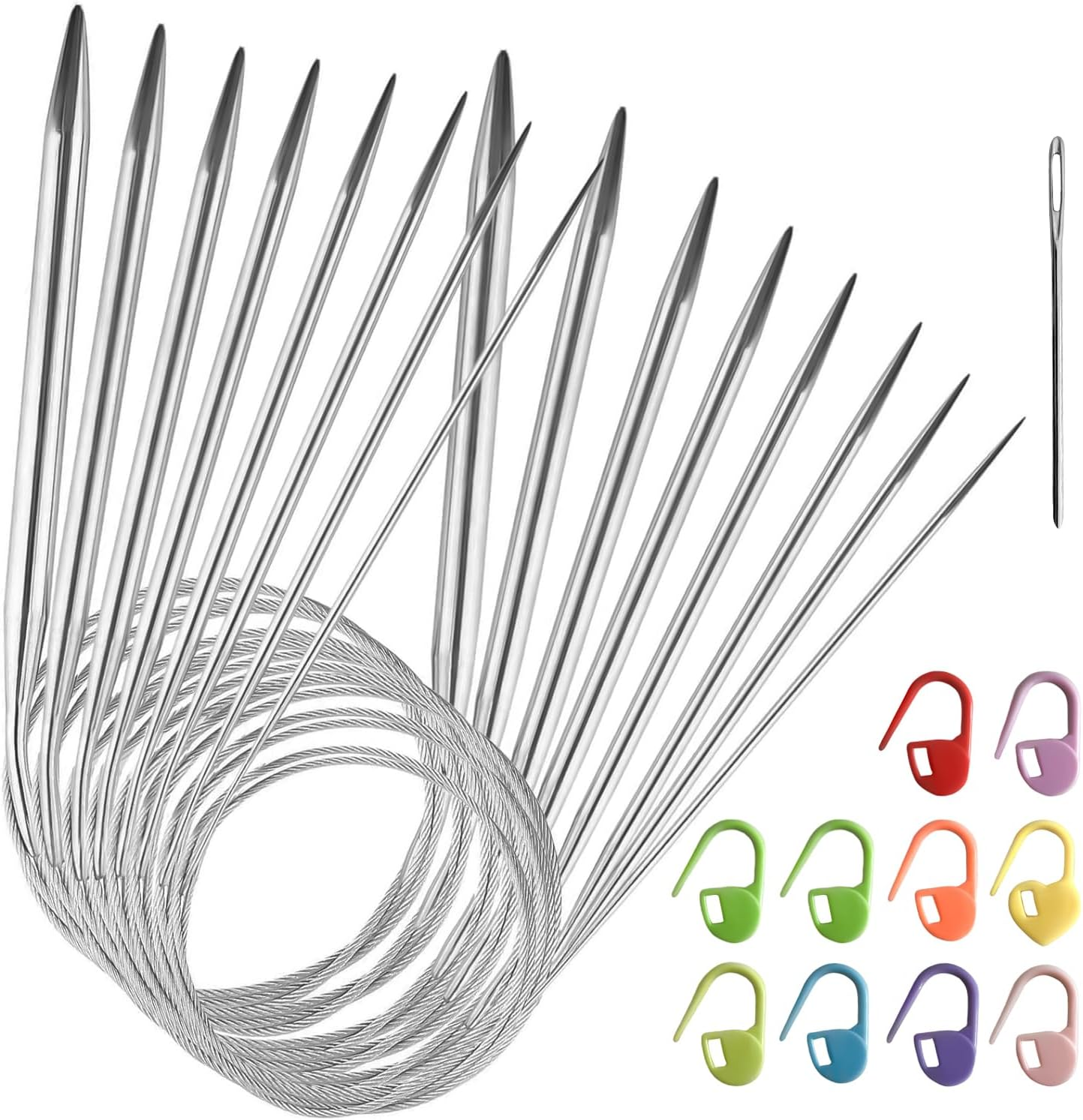 28PCS Knitting Needles Funcyboo,Circular Knitting Needles 32"Stainless Steel Circular Knitting Needles Metal round Knitting Needles with Stitch Markers & Blunt Needle for Begining Fit Hot Sleeve Sweet image number 6