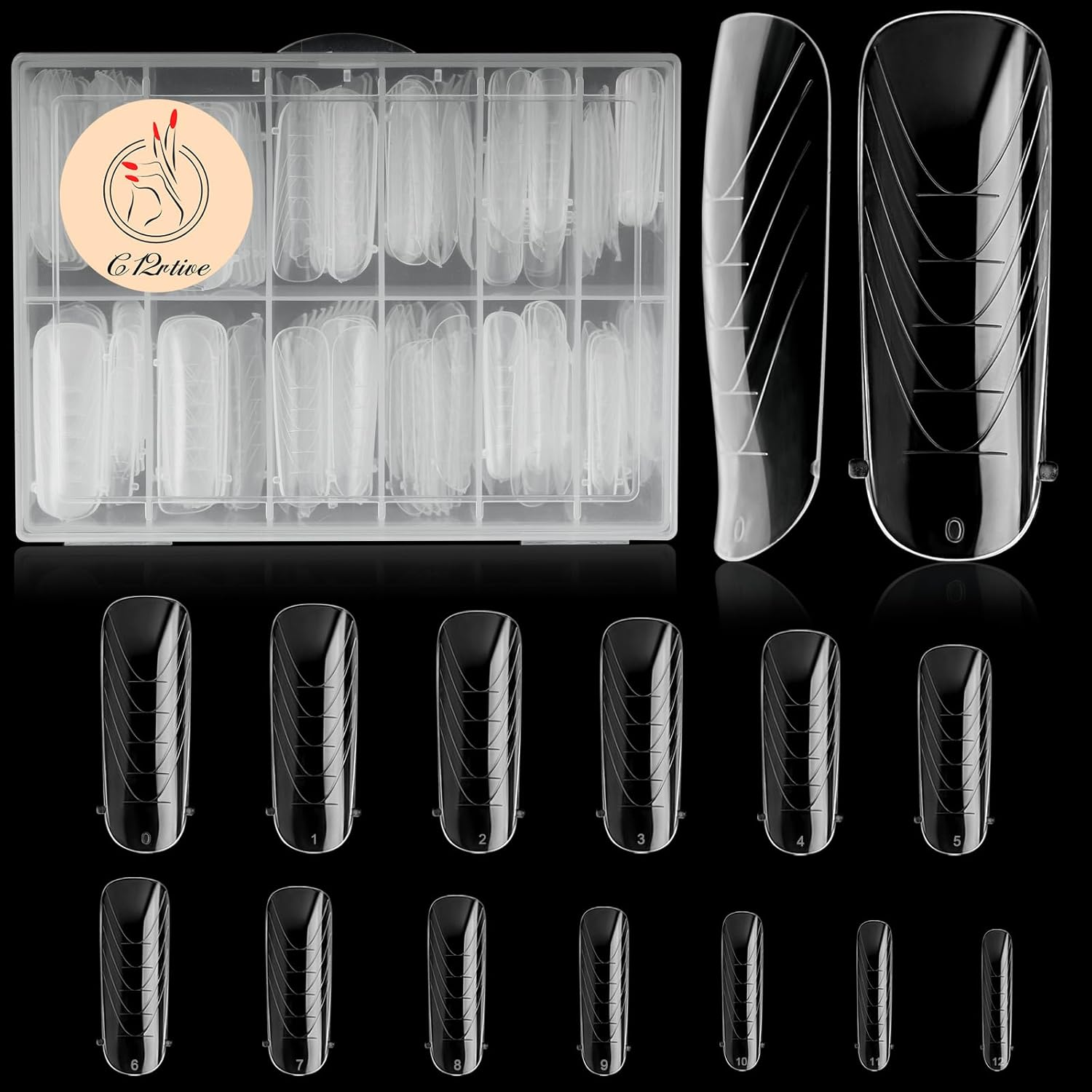 C12Rtive 120Pcs Dual Nail Forms,Upper Arched Extension Poly Nail Gel Nail Forms Full Cover Reusable Nail Molds 12 Sizes for Nail Art Design Salon&Diy