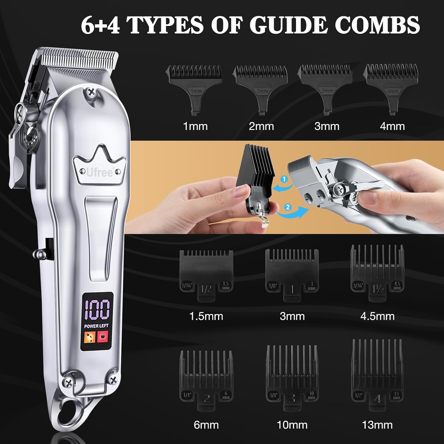 Ufree Hair Clippers for Men Professional, Barber Clippers and Trimmers Set, Cordless Hair Clippers for Hair Cutting Kit with LED Display, Electric Hair Trimmer, Gifts for Men, Silver image number 3