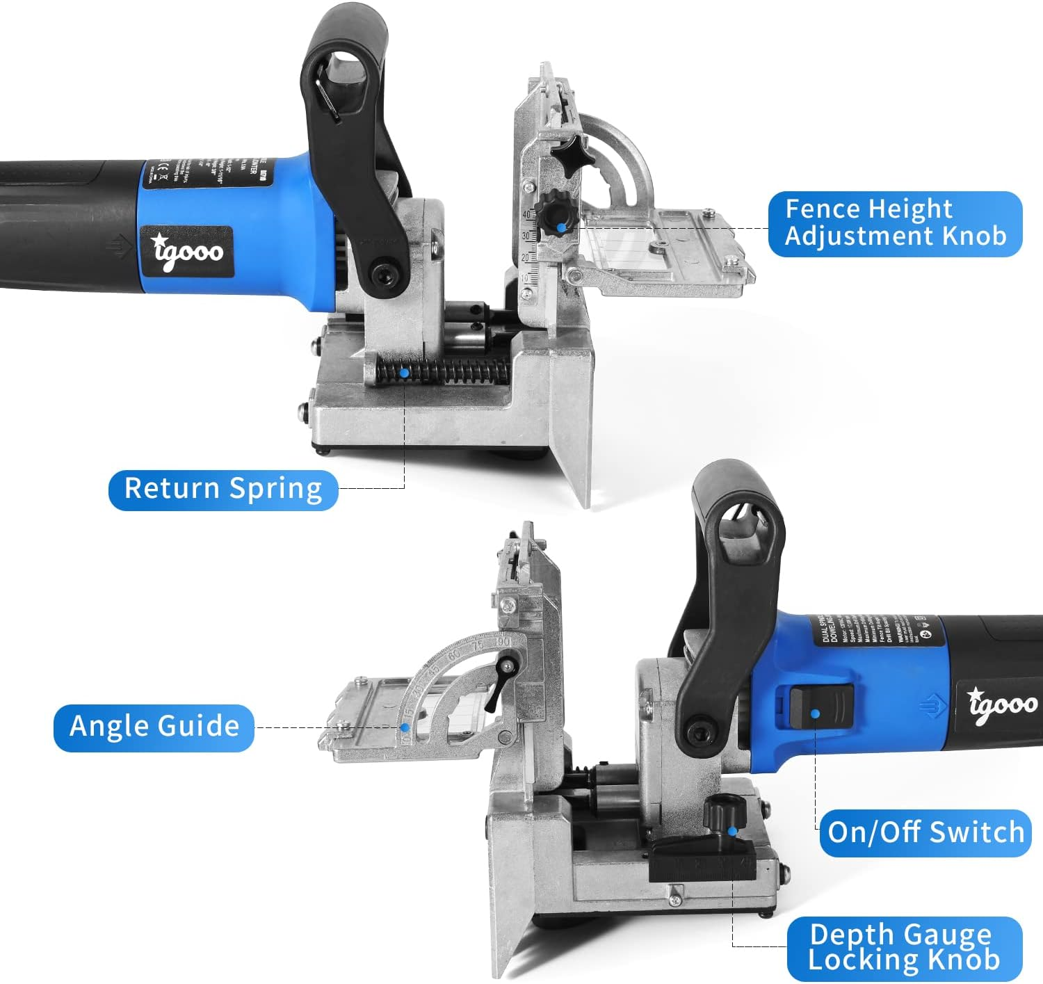 Igooo Dual-Spindle Doweling Jointer DJ710, 710W 230V 50Hz, UK/DE Plug, Wood Plate Joiner, 2X8Mm and 2X6Mm Drilling Bits, 80 Dowels image number 2