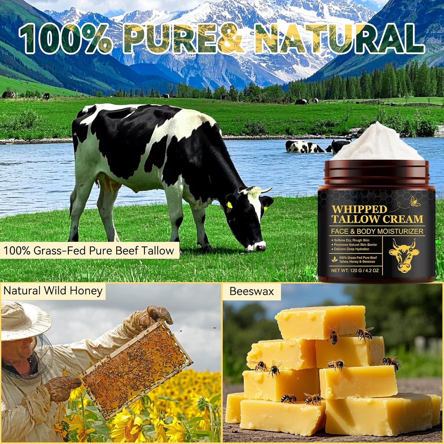 Beef Tallow Skin Care 120G - 100% Grass Lined Sebum Face Cream Nourishing Face & Body Oil Free & Unscented All Skin Types Gluten Free Glass Container image number 3