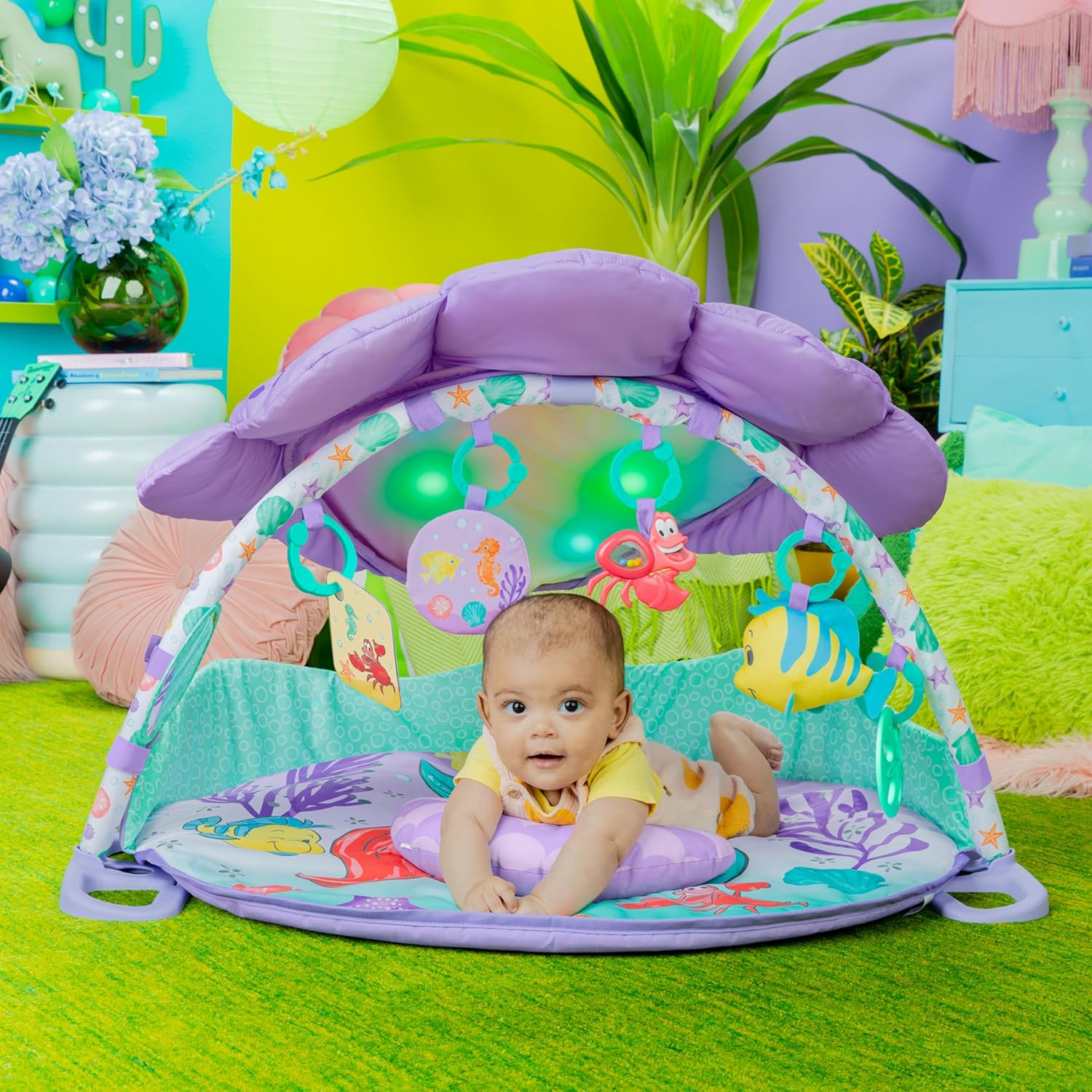 Bright Starts Disney Baby the Little Mermaid Twinkle Trove Light-Up Musical Baby Activity Gym with Tummy Time Pillow, Newborn+ image number 5