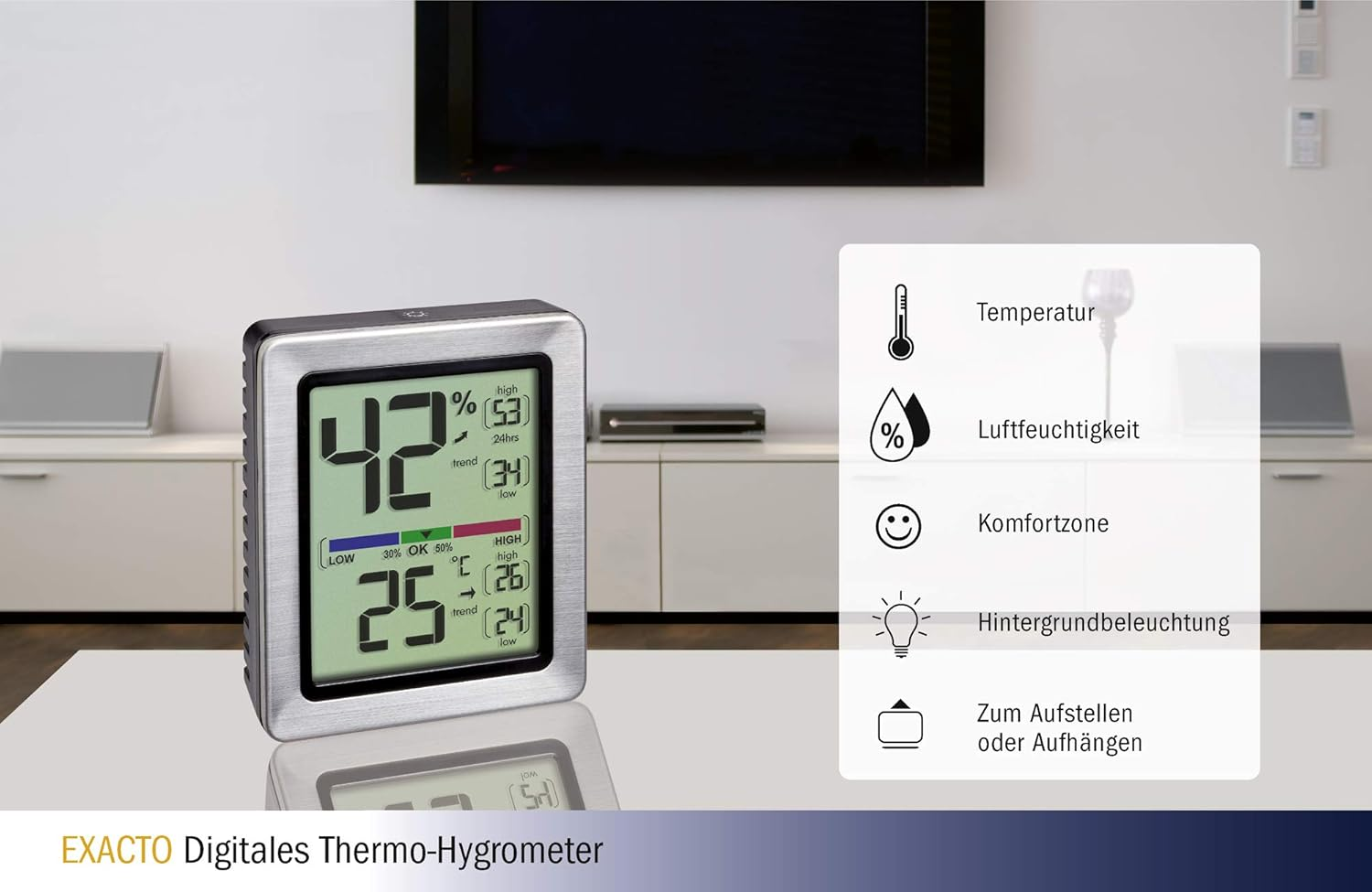TFA Dostmann Exacto Digital Thermo-Hygrometer, 30.5047.54, Humidity, Temperature, Healthy Living Climate, Especially Accurate with Precision Sensor, L 74 X W 26 (48) X H 90 Mm image number 5