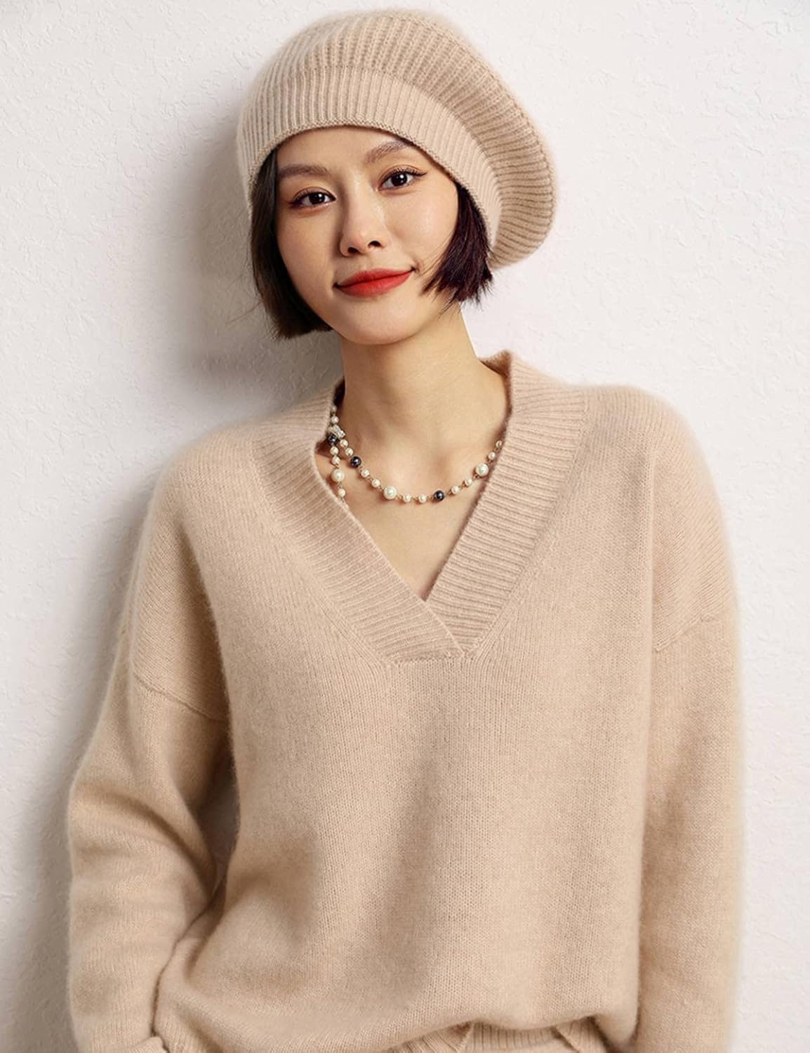 Cashmere Berets Hats Women Winter Warm Merino Wool Knitted Oversized Beige Beanie image number 5