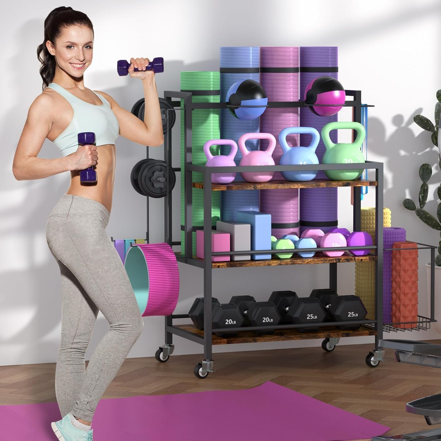 NOAEOU Large Capacity Rack with Hooks and Wheels, 40D X 70W X 93H Cm Yoga Storage Racks for Sports Equipment image number 3