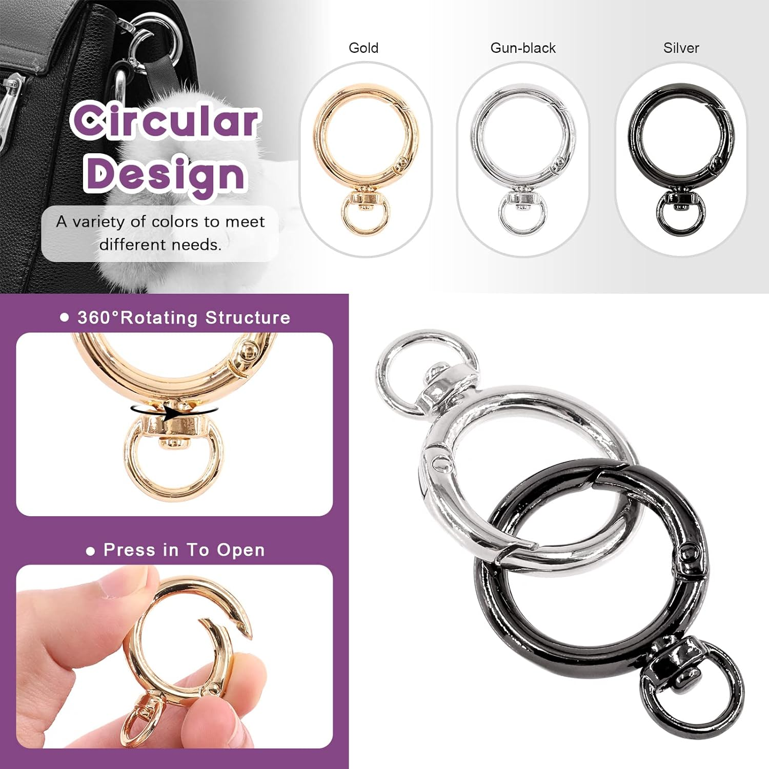 Swpeet 24Pcs 3 Colors 3/4 Inch - 20Mm inside Diameter round Spring Clips O Rings Snap Hooks with Swivel D Rings Buckles Assortment Kit, Hook Bag Clasp Spring Buckle for DIY, Craft Making image number 4