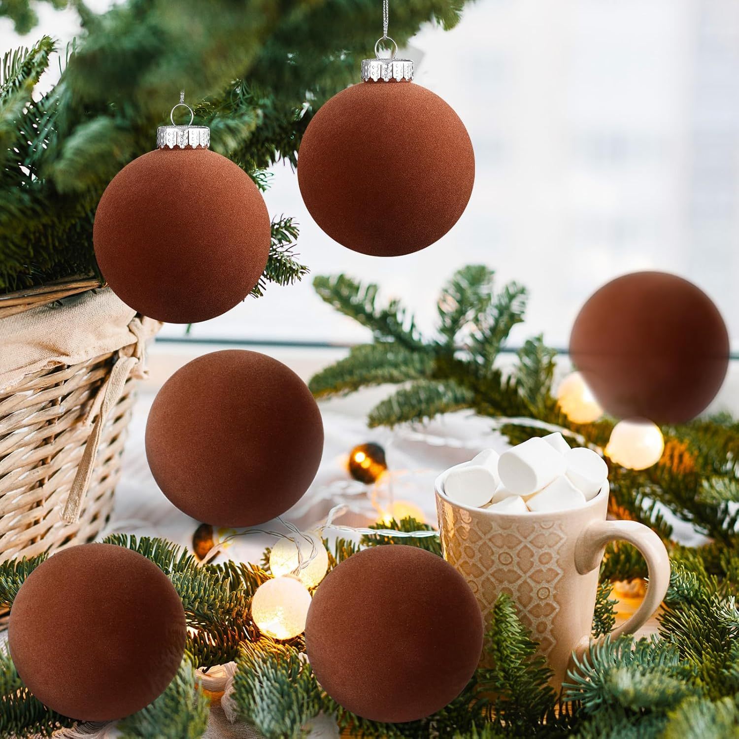 6 Pcs Large Velvet Christmas Ball Ornaments 3.9'' Vintage Neutral Christmas Ornaments Hanging Flocked Christmas Ornaments Christmas Tree Decorations for Holiday Party Xmas (Brown)