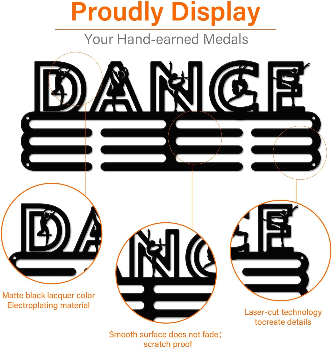 SUPERDANT Dance Medal Hanger Display Women Dance Sports Medal Holder Personalised Award Black Metal Rack Wall Mounted Ribbon Lanyard Christmas Birthday Gift for Kids Athletes 15.75X6In image number 2