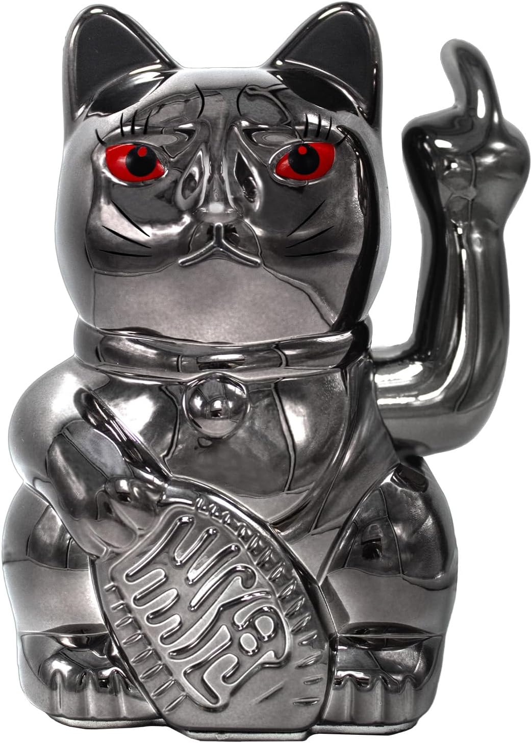 ANGRY CAT - Lucky Cat - Funny Waving Cat - Japanese Waving Cat with Stink Finger - Decorative Wobble Figure Cat - Waving Arm with Middle Finger - 15 Cm, Black Shiny image number 2
