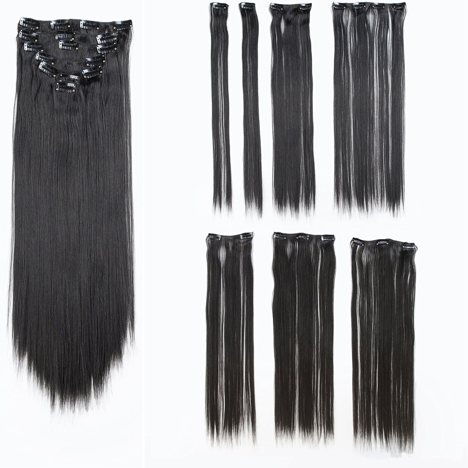 (1B-Off Black) - SWACC Women 60Cm Straight Full Head 7 Separate Pieces Heat Resistance Synthetic Hair Clip in Hair Extensions (1B-Off Black)